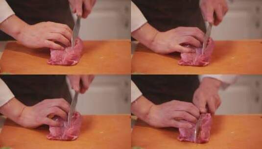 厨师切猪里脊肉切肉条高清在线视频素材下载