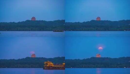 杭州西湖城隍阁超级月亮升起延时高清在线视频素材下载