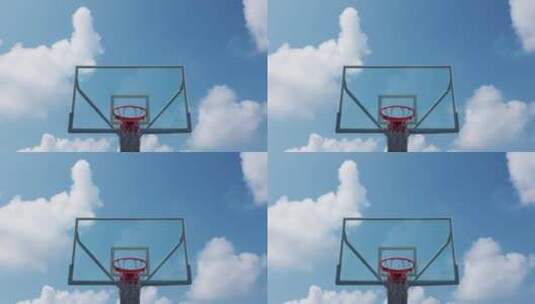 8k正面实拍蓝天白云背景的篮球框高清在线视频素材下载
