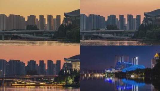 浑河桥和建筑日转夜景高清在线视频素材下载