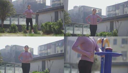 中年女士休闲运动装束户外广场锻炼身体高清在线视频素材下载