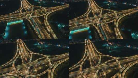 城市夜景杭州彩虹立交车流4K航拍移动延时高清在线视频素材下载