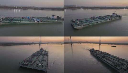航拍长江上的分节油运输船高清在线视频素材下载