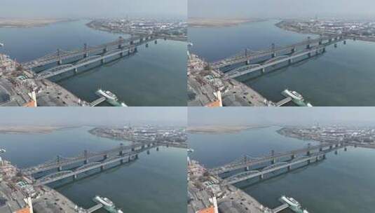 辽宁丹东鸭绿江断桥中朝两岸风光航拍高清在线视频素材下载