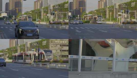 广州黄埔中心街头有轨电车高清在线视频素材下载