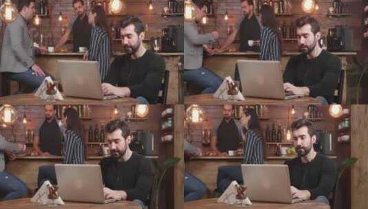 在咖啡店使用电脑的男人高清在线视频素材下载