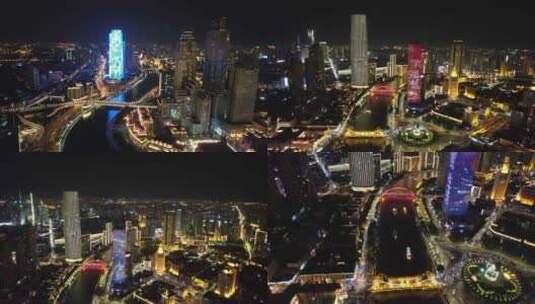 天津CBD夜景航拍海河津湾广场解放桥高清在线视频素材下载