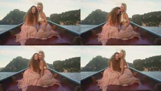两个女孩在船上风景如画的时刻高清在线视频素材下载