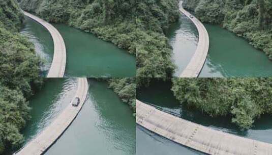 湖北恩施狮子关景区水上浮桥汽车开过航拍高清在线视频素材下载