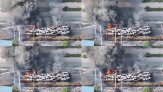 轿运车起火事故现场特写航拍视频高清在线视频素材下载