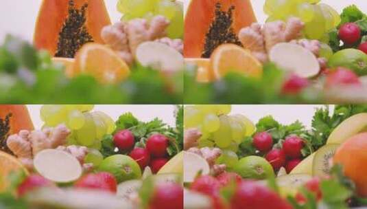 4K-餐桌上的新鲜水果和蔬菜高清在线视频素材下载