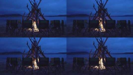 内蒙古大草原湖边的露营篝火生活高清在线视频素材下载
