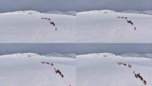 航拍攀登慕士塔格峰雪山冰川的登山队高清在线视频素材下载