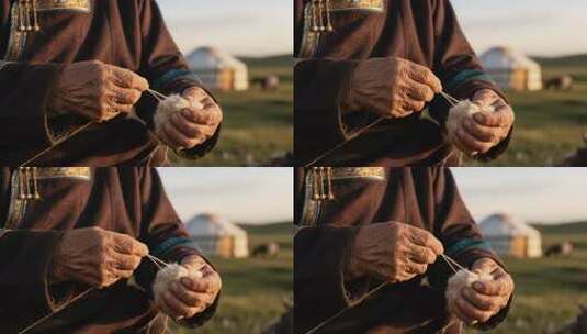 蒙古族老人草原上手捻羊毛高清在线视频素材下载