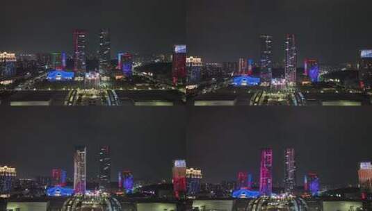 江门五邑华侨广场夜景航拍蓬江万达广场夜景高清在线视频素材下载