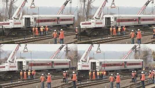 救援队用吊车吊起脱轨的列车高清在线视频素材下载