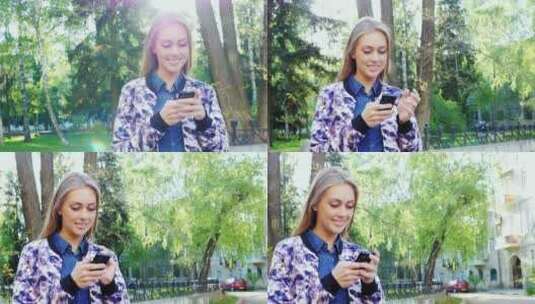 女孩在公园玩手机高清在线视频素材下载