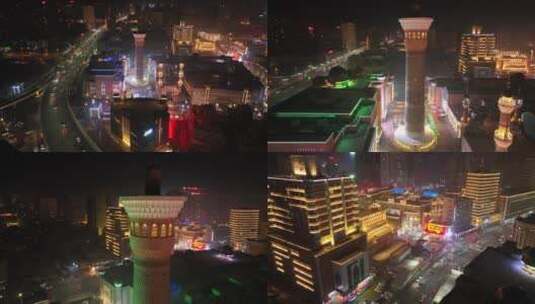 新疆乌鲁木齐大巴扎夜景航拍高清在线视频素材下载