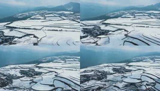 冬季白雪皑皑山川田野农村远处连绵雪山高清在线视频素材下载
