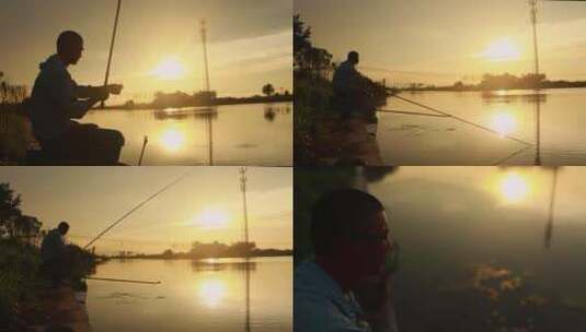4K合集河边夕阳下的钓鱼人剪影高清在线视频素材下载