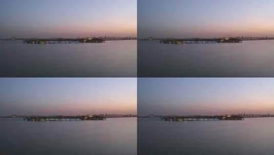 航拍平视苏州金鸡湖畔桃花岛晚霞风景高清在线视频素材下载