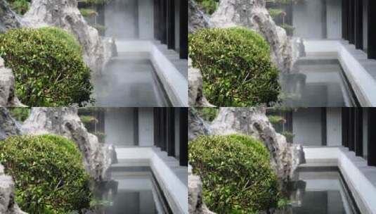 中式合院内烟雾升腾的景观池高清在线视频素材下载