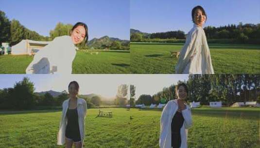 一个美女在露营地的草地上开心奔跑高清在线视频素材下载