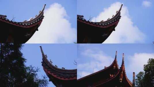 杭州寺庙古建筑屋檐蓝天白云4K特写视频高清在线视频素材下载