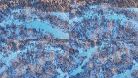 航拍雪原冰河夕照树林高清在线视频素材下载