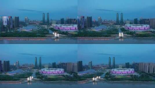 杭州奥体中心杭州之门夜景航拍高清在线视频素材下载