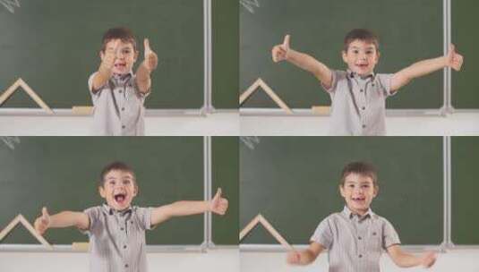 男孩在教室里竖起大拇指高清在线视频素材下载