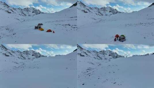 航拍攀登岷山山脉都日峰的登山者登山大本营高清在线视频素材下载