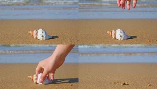 海边旅行时在海滩上捡贝壳和海螺漂流瓶高清在线视频素材下载