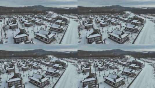 长白山百花谷朝鲜族古村落航拍冬季风光高清在线视频素材下载