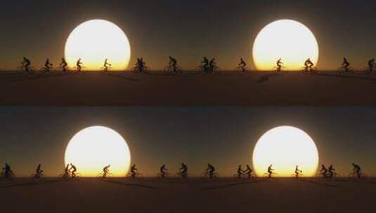 夕阳下骑自行车人群剪影高清在线视频素材下载