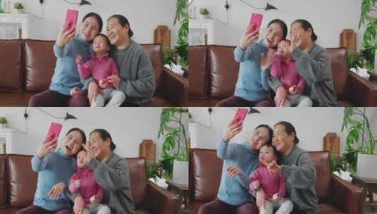 欢乐祖孙三代一家人拿手机自拍视频通话高清在线视频素材下载