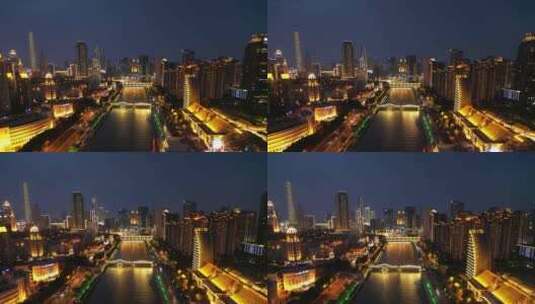 天津海河夜景灯光航拍高清在线视频素材下载