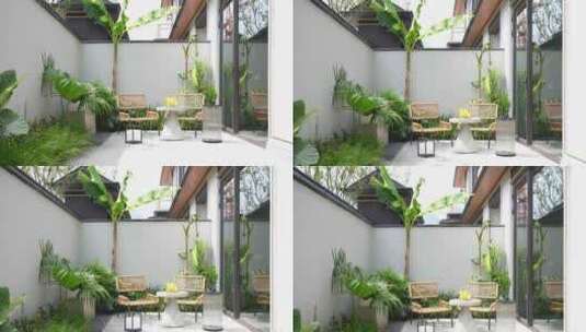 别墅小院子里的藤椅和茶几上的柠檬高清在线视频素材下载