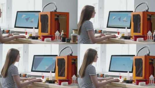女人在电脑上画3D模型高清在线视频素材下载