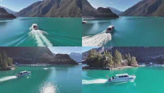 西藏巴松措林芝湖水航拍跟船延时雪景自然山高清在线视频素材下载