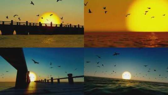 大海桥面上夕阳落下和海鸥飞翔慢动作高清在线视频素材下载