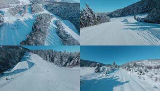 滑雪场雪景森林雪地树林蓝天白云FPV航拍高清在线视频素材下载