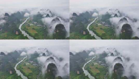 航拍烟雨阳朔遇龙河自然风光高清在线视频素材下载