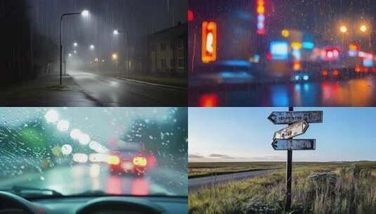 城市下雨天夜晚透过玻璃看城市灯光高清在线视频素材下载