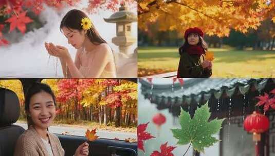 女子在户外温泉处捧水洗脸高清在线视频素材下载