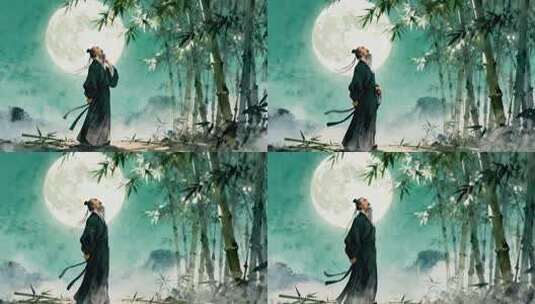 中秋节诗人竹林望月唯美国潮水墨动画高清在线视频素材下载