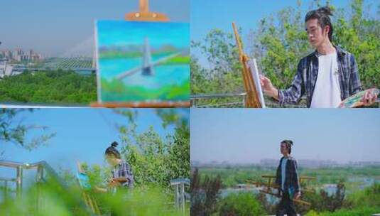 男子户外架画架绘画高清在线视频素材下载