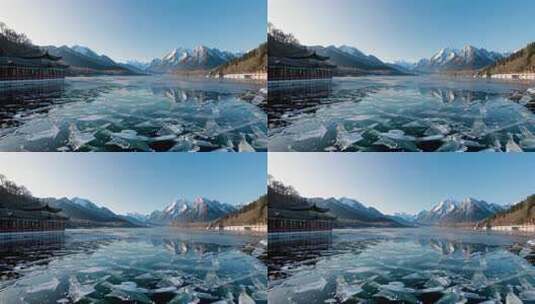 冬季湖面结冰雪山古建筑景观高清在线视频素材下载