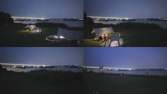 傍晚南京长江边游客户外露营场景高清在线视频素材下载