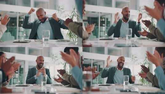 击掌，跳舞或商人在会议上鼓掌庆祝成功高清在线视频素材下载